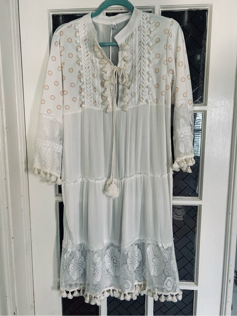 White Long Tiered Boho Dress Lace Polka Dots Romantic Cottagecore Size Small - Picture 4 of 14